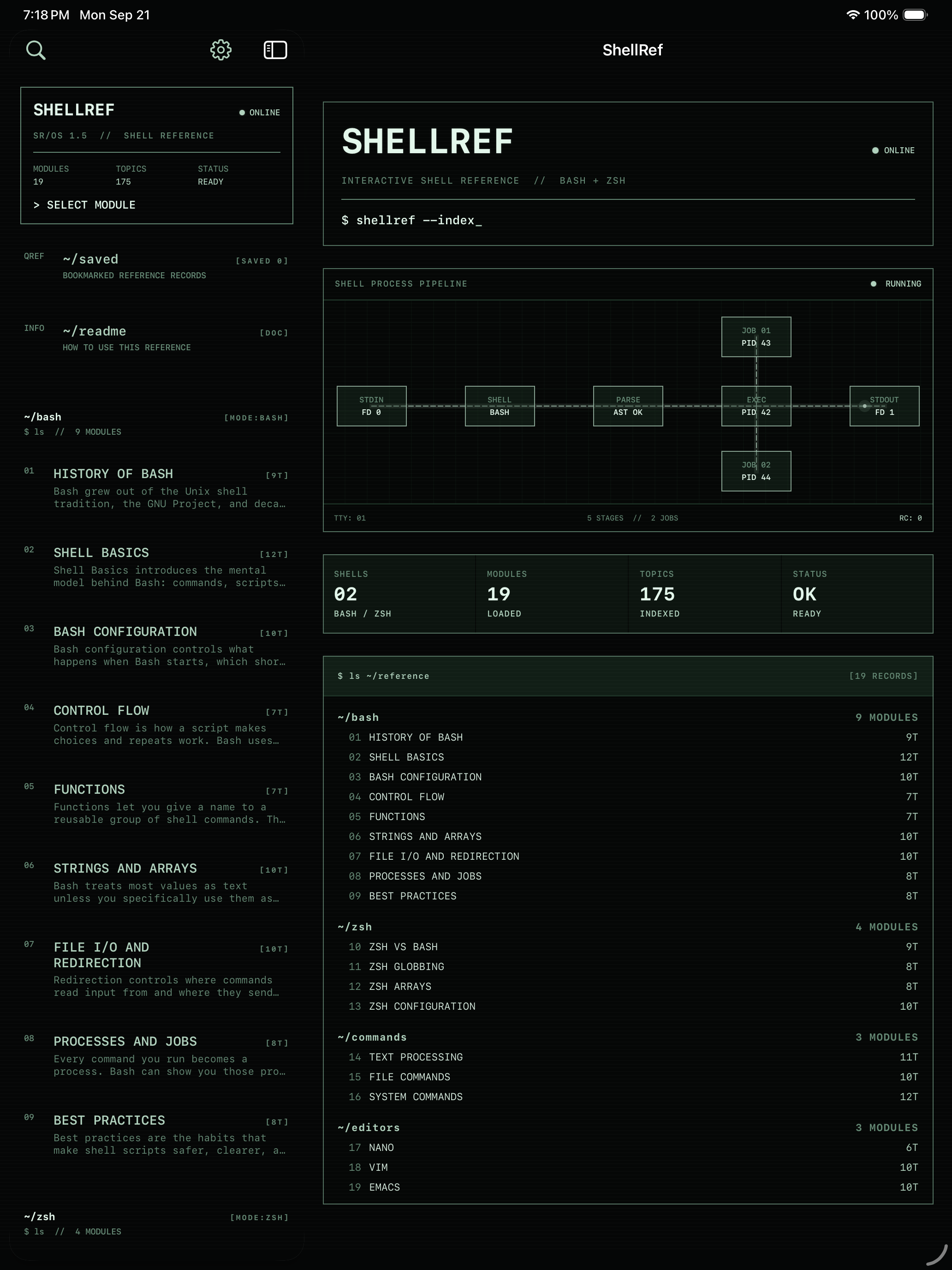 ShellRef on iPad with module index and shell execution pipeline