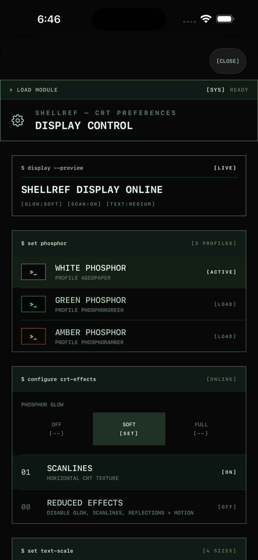 ShellRef display controls with White, Green, and Amber phosphor profiles